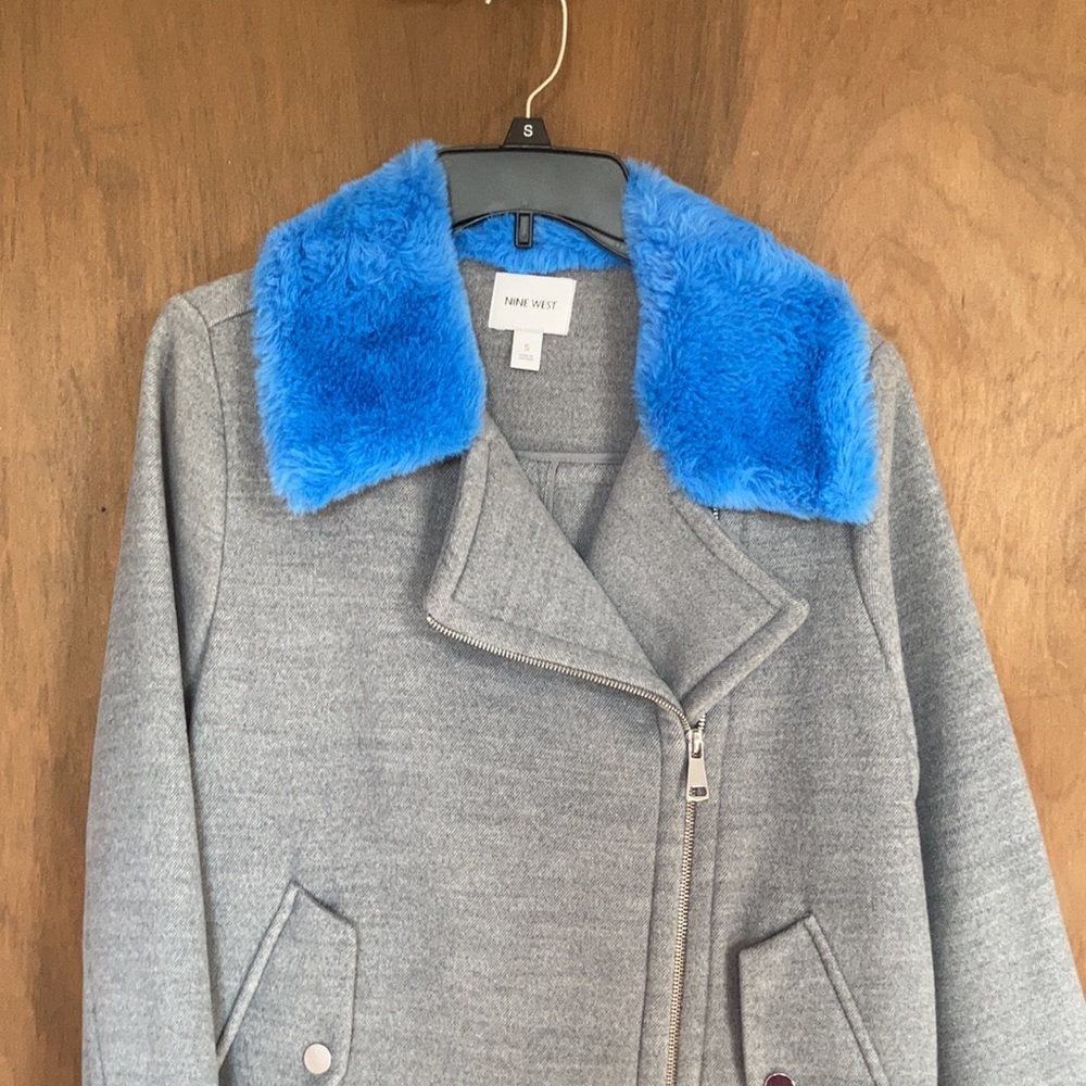 Nine West coat faux fur collar blue collar gray coat moto like style S - Picture 13 of 17